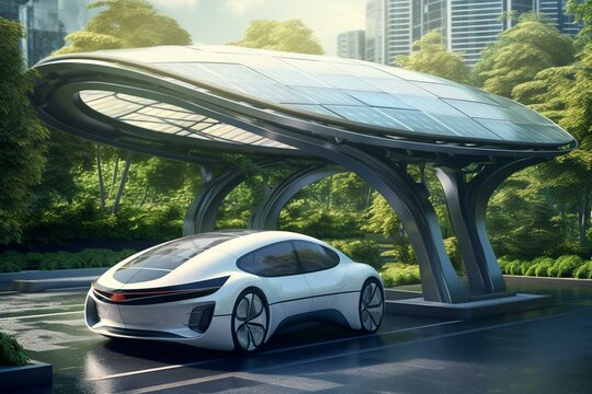 Futuristic electric vehicle charging station featuring solar panels for sustainable energy. Generative AI
