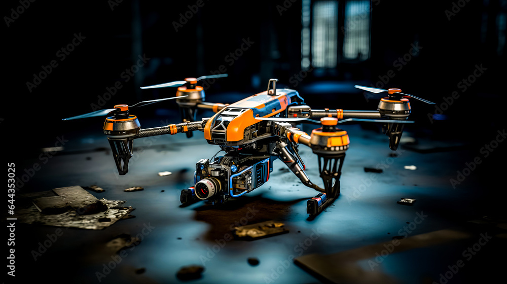 Poster close up of small orange and black remote controlled flying device on table.