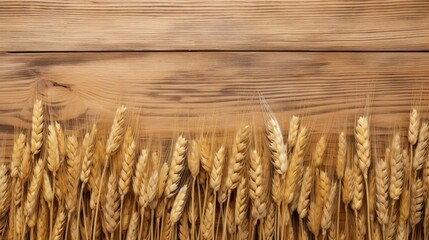 Ears of wheat on wooden background. Top view with copy space. AI generated Image