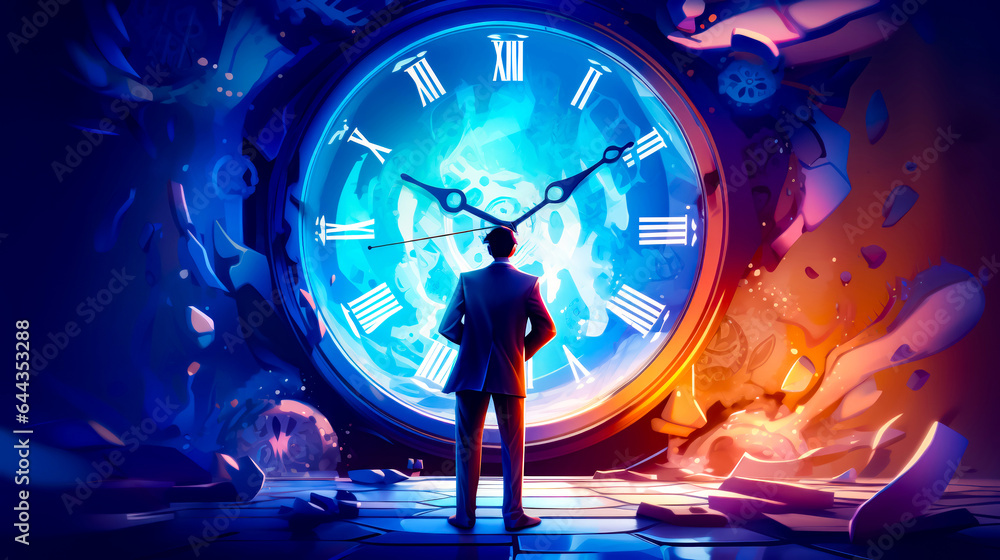 Poster man standing in front of clock with his hands on his hips.