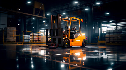 Yellow forklift parked in warehouse with lights on it's sides. - obrazy, fototapety, plakaty