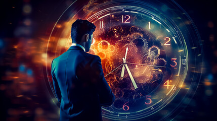 Man in suit standing in front of clock with gears on it. - obrazy, fototapety, plakaty