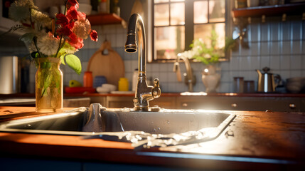 Fototapeta na wymiar Kitchen sink with faucet and bunch of flowers on the counter.