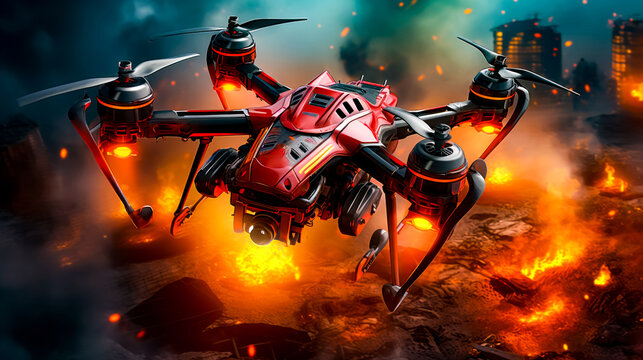 Red and black remote controlled helicopter flying over fire filled field with building in the background.