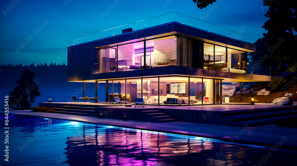 Poster house with pool in front of it and lit up deck.