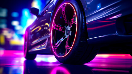 Close up of car wheel with neon light on the rim.