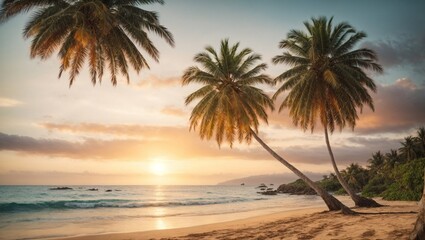 Fototapeta na wymiar Sea beach with coconut palm tree at sunset time.