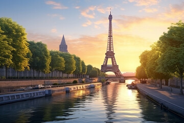 sunset of Paris Eiffel Tower and Seine 