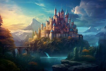 A fantasy castle illustration in the morning. Generative AI