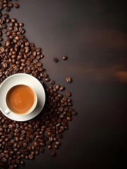 Naklejka premium Coffee background. Top view. Cup of Coffee and coffee beans on a dark background with copy space. Ai Generative