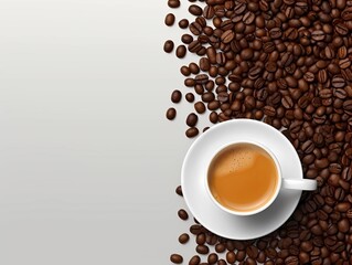 Fototapeta premium Coffee background. Top view. Cup of Coffee and coffee beans on a dark background with copy space. Ai Generative