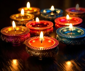 Obraz na płótnie Canvas Happy diwali diya lamps lit up for dipavali Hindu festival of lights celebration
