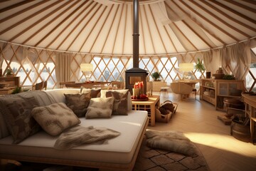 Modern yurt interior designed for mobile lifestyle. Generative AI