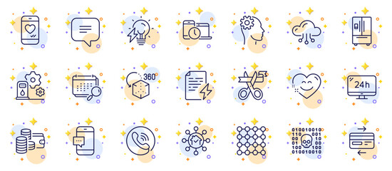 Outline set of Wallet, Filling station and Power certificate line icons for web app. Include Love chat, Augmented reality, Smile chat pictogram icons. Density, Cloud computing, Calendar signs. Vector