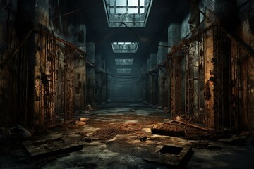 Abandoned prison in ruin. Generative AI