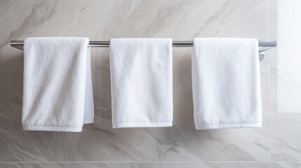White towel hanging on the wall in bathroom with white marble tile wall. Bathroom interior
