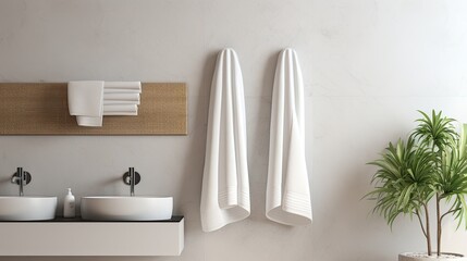 White towel hanging on the wall in bathroom with white marble tile wall. Bathroom interior