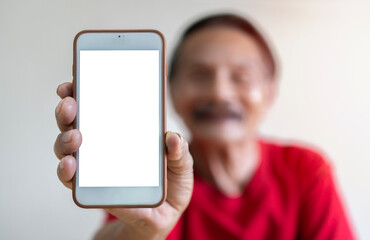 Portrait of smiling mature man holding smartphone with white blank screen in hand