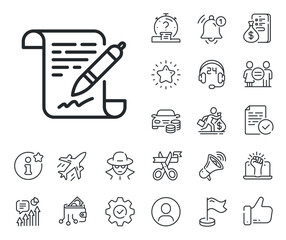 Contract file signature sign. Salaryman, gender equality and alert bell outline icons. Agreement document line icon. Office note symbol. Agreement document line sign. Vector