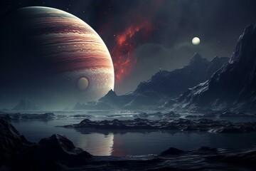 Exoplanet with moon orbiting a gas giant. Generative AI