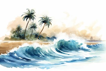 Fototapeta na wymiar Watercolor ocean wave & tropical palm tree clipart with sandy beach & blue beige background, great for Hawaiian summer and sea travel. Generative AI