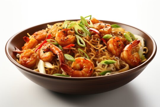 A bowl of noodles with shrimp and scallions. Digital image. Tasty Lo Mein dish.