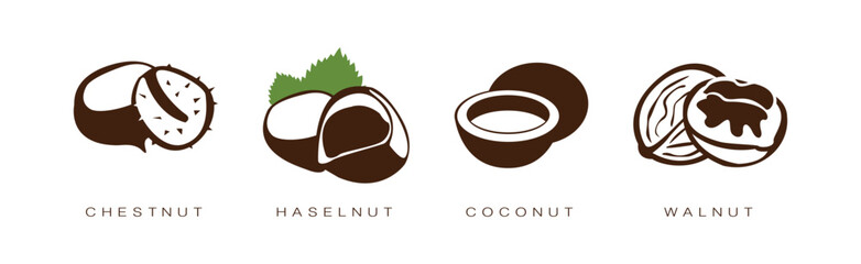 Seed and Nuts Brown Flat Icon with Name and Inscription Vector Set