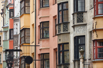 Multicolored old buildings facades in Innsbruck city center. Austria