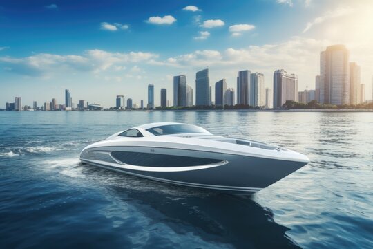 A white and black speed boat on a body of water with a city in the background. Digital image.