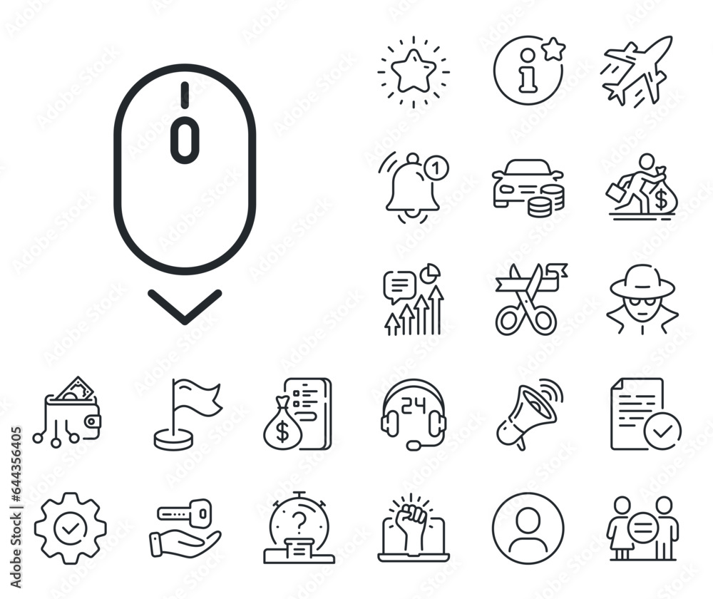 Poster scrolling screen sign. salaryman, gender equality and alert bell outline icons. scroll down mouse li