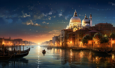 A Panorama of Venice by night Ai generated - obrazy, fototapety, plakaty