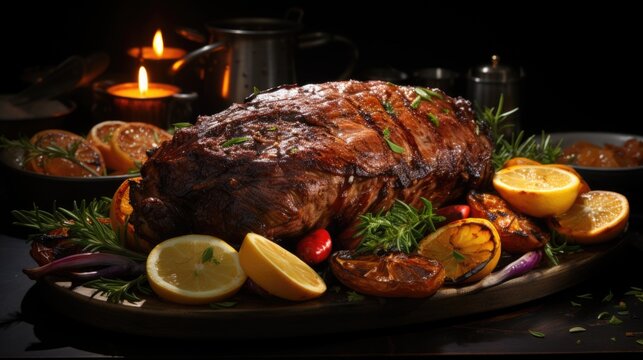 A large piece of meat on a platter with lemons and vegetables. Digital image.