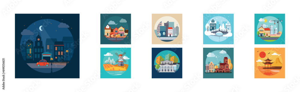 Poster different landscape and scene view icon vector set