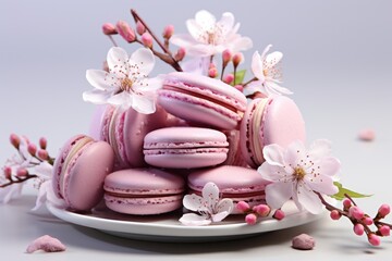 Fototapeta na wymiar A plate of pink macarons and cherry blossoms. Digital image.