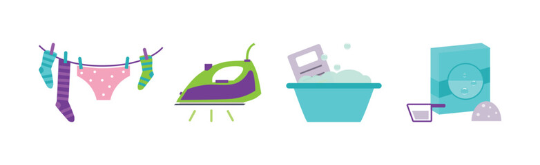 Laundry Items and Object as Clothes Washing and Drying Vector Set