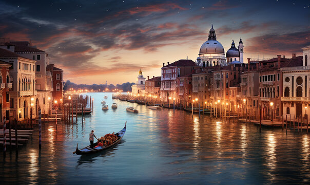 Fototapeta A Panorama of Venice by night Ai generated
