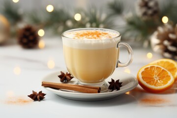 A cup of coffee with orange slices and cinnamon on a saucer. Digital image.