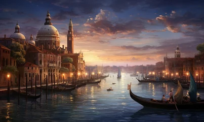 Afwasbaar Fotobehang Gondels A Panorama of Venice by night Ai generated