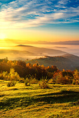 Fototapeta na wymiar sunrise over mountains in fog in autumn season. The autumn landscape is vertical.