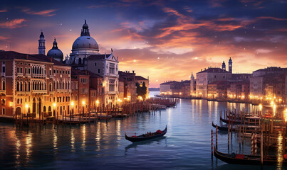 Fototapeta na wymiar A Panorama of Venice by night Ai generated