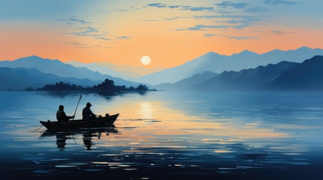 A couple of people in a small boat on a lake. Digital image.