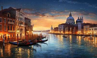 A Panorama of Venice by night Ai generated