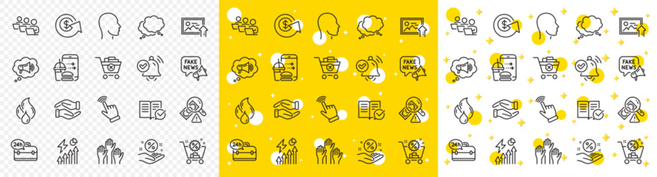 Outline Helping hand, Speech bubble and Megaphone line icons pack for web with Approved documentation, Shopping cart, Electricity consumption line icon. Food order, Head. Vector