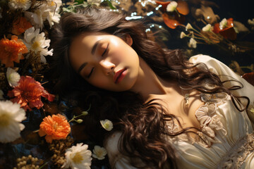 the korea girl in a white dress is laying under flowers, ai generated.