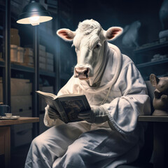 A man-cow works in a dairy factory