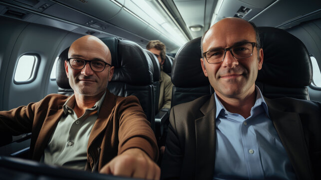 Hyper-realistic mobile selfie of businessmans in a modern airplane seat, ai generated.