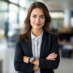Naklejka premium Smiling confident businesswoman with arms crossed. Successful mature businesswoman. Generative AI