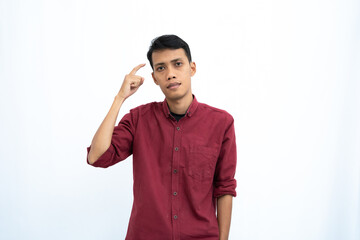 asian man, business or student concept wearing red casual shirt thinking pose, looking for ideas, getting ideas, confused. Isolated white background.