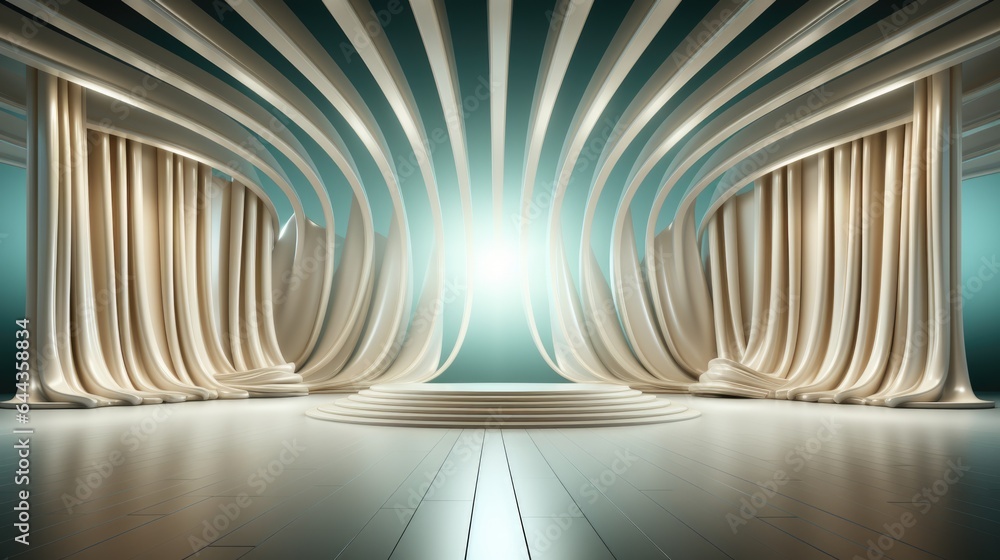 Aufkleber an empty stage with white curtains and a bright light. digital image.