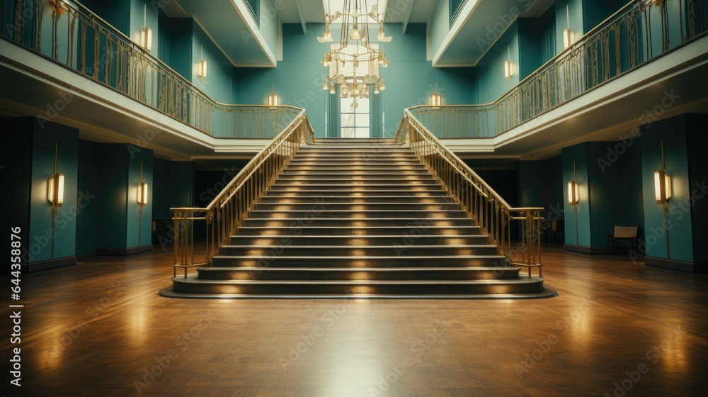 Aufkleber a staircase in a building with a chandelier in the background. digital image.